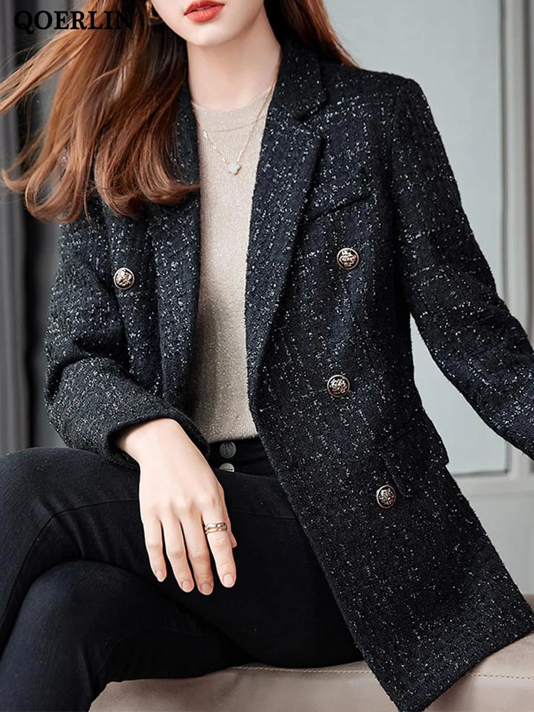Women Winter Tweed Blazer Coat Thick Warm Nothced Collar Long Sleeve Slim Elegant Jacket Coat Double-Breasted Overcoat