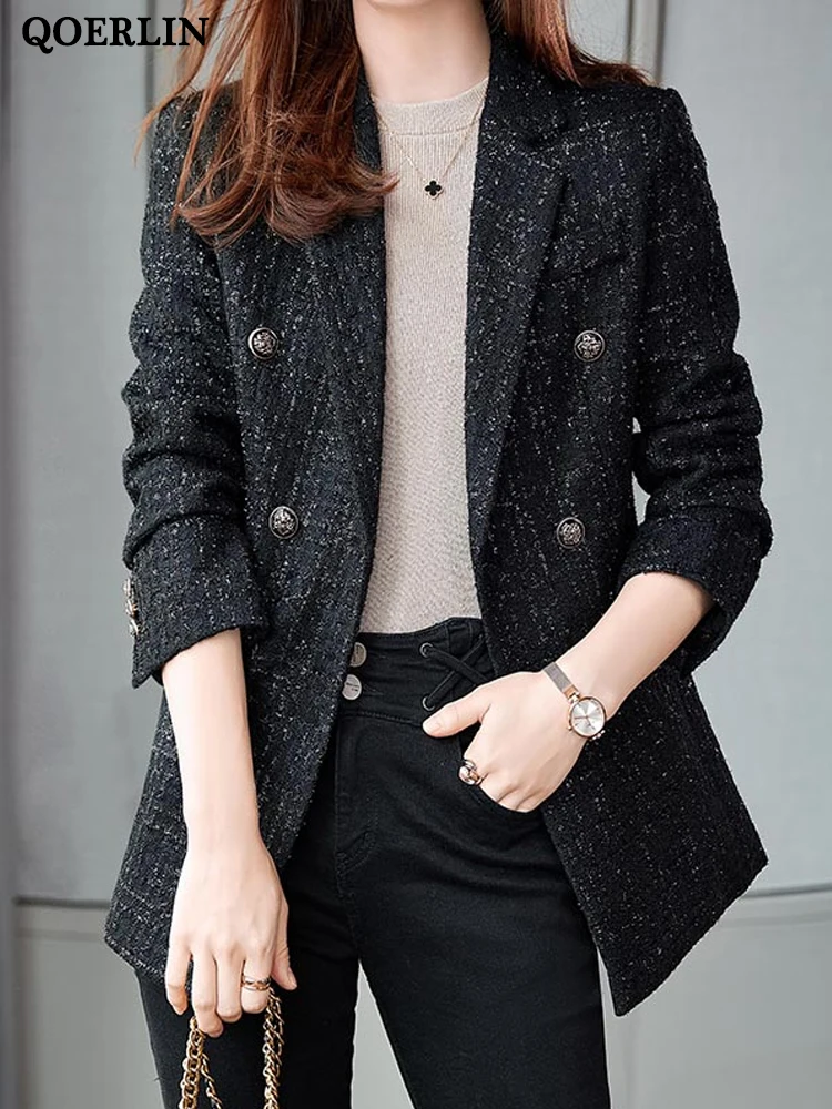 Women Winter Tweed Blazer Coat Thick Warm Nothced Collar Long Sleeve Slim Elegant Jacket Coat Double-Breasted Overcoat