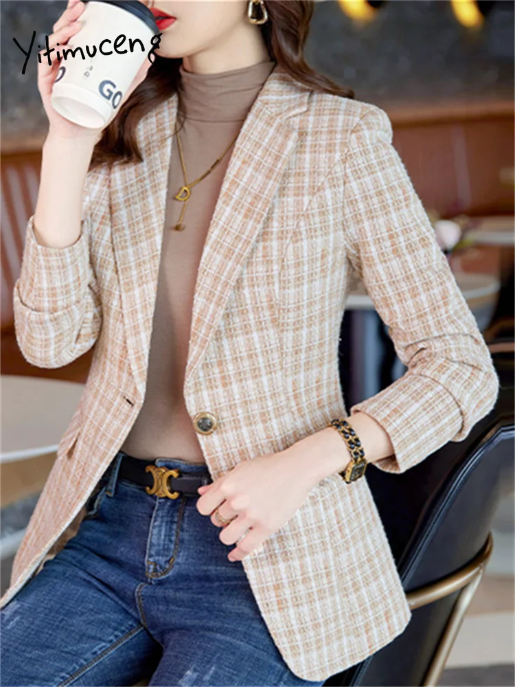 Plaid Blazers for Women Office Ladies Fashion Notched Slim Coats Casual Long Sleeve Single Button Chic Jacket