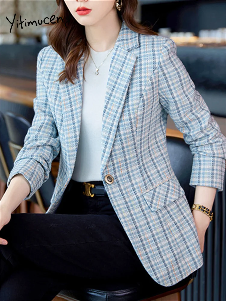 Plaid Blazers for Women Office Ladies Fashion Notched Slim Coats Casual Long Sleeve Single Button Chic Jacket