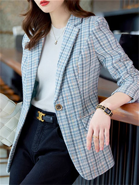 Plaid Blazers for Women Office Ladies Fashion Notched Slim Coats Casual Long Sleeve Single Button Chic Jacket