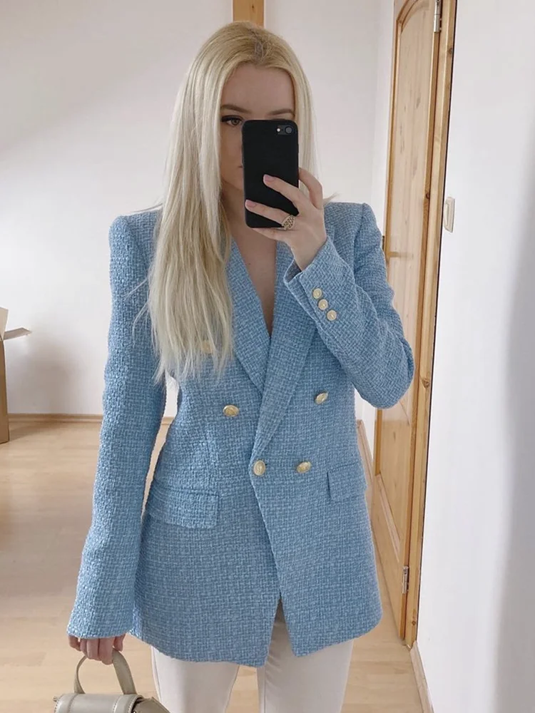 Women Fashion Blue Tweed Blazer Jacket  Office Lady Double Breasted Pockets Vintage Female Coat Chic Streetwear Traje