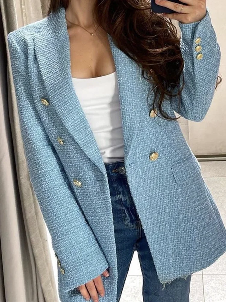 Women Fashion Blue Tweed Blazer Jacket  Office Lady Double Breasted Pockets Vintage Female Coat Chic Streetwear Traje