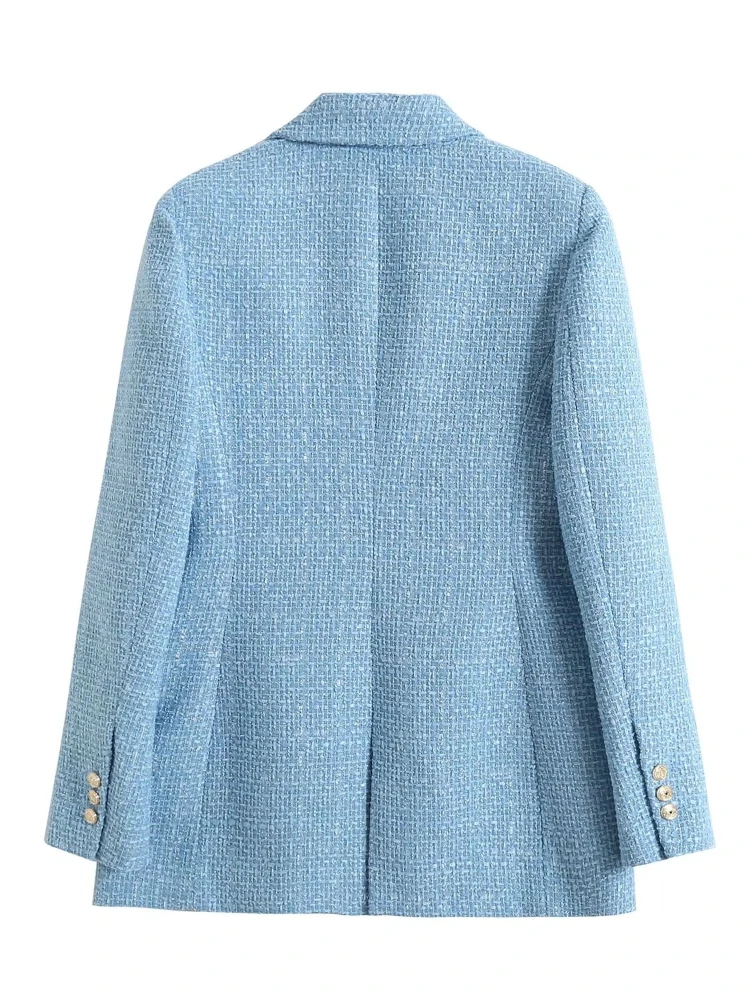 Women Fashion Blue Tweed Blazer Jacket  Office Lady Double Breasted Pockets Vintage Female Coat Chic Streetwear Traje