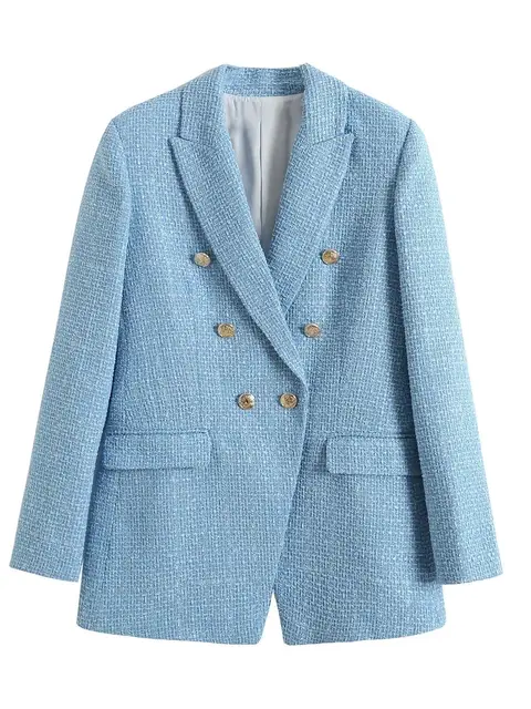 Women Fashion Blue Tweed Blazer Jacket  Office Lady Double Breasted Pockets Vintage Female Coat Chic Streetwear Traje