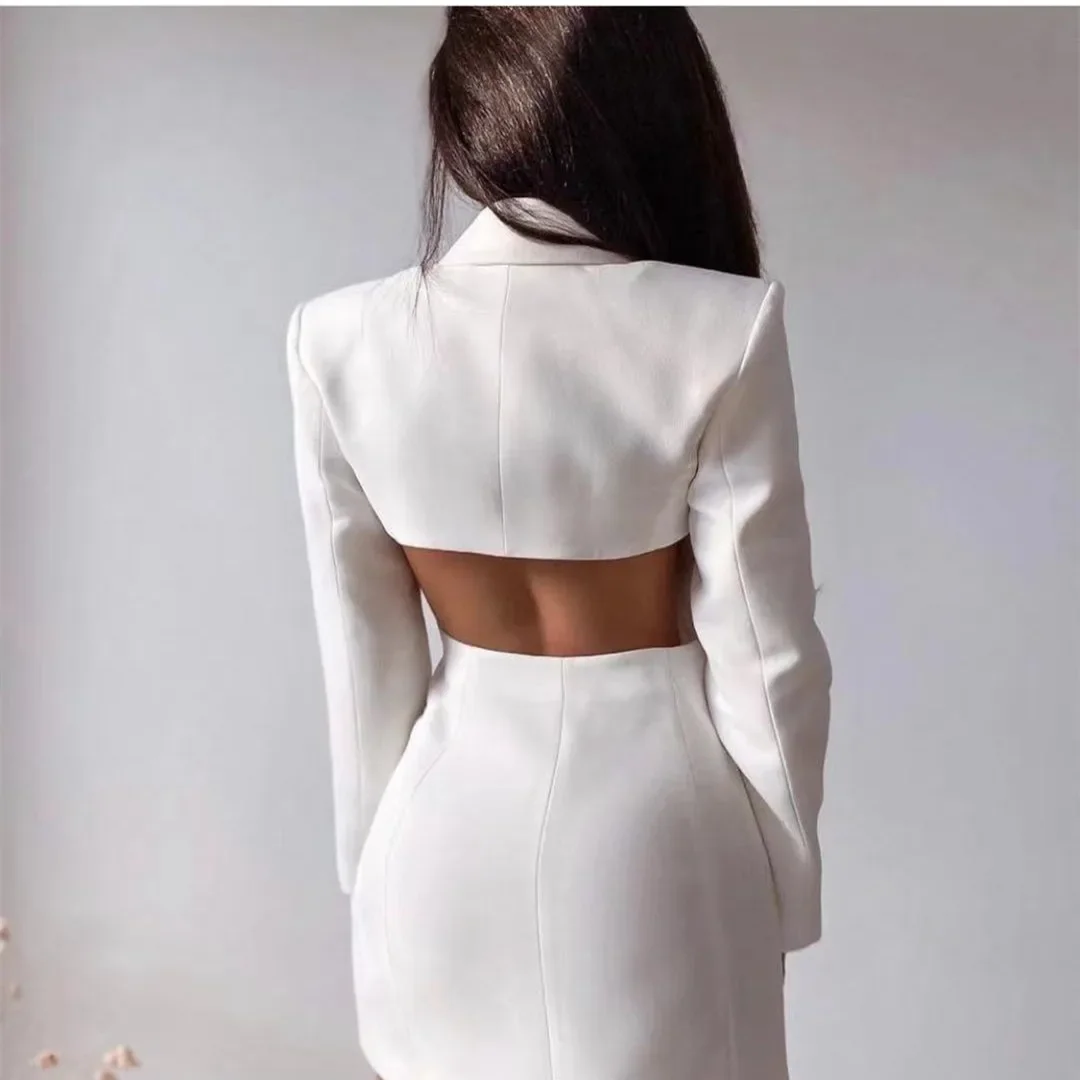 Women Elegant Blazer Solid Double Breasted Backless Long Sleeve Thin Slim Blazers Office Lady Fashion Suits