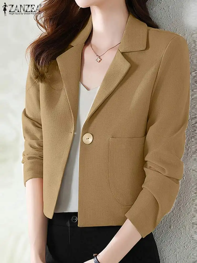 Stylish Women Lapel Neck Long Sleeve Blazer Autumn Elegant Office Lady Suits Blazer Casual Solid Crop Top OL Work Outwear