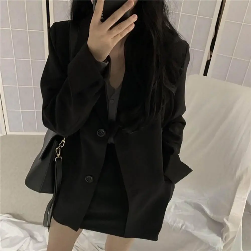 Solid Color  Classic Office Lady Commuting Pure Black Suit Jacket Regular Autumn Blazer Turn-Down Collar   Female Clothing