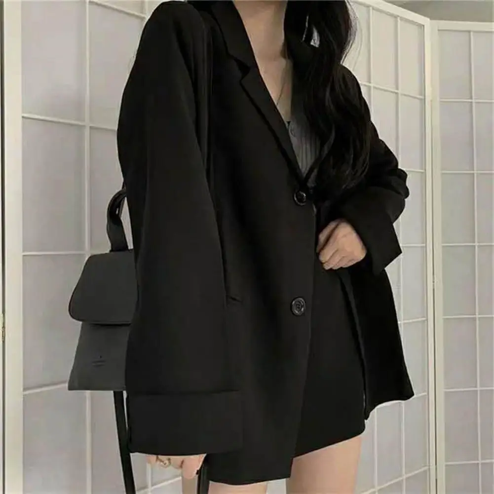 Solid Color  Classic Office Lady Commuting Pure Black Suit Jacket Regular Autumn Blazer Turn-Down Collar   Female Clothing