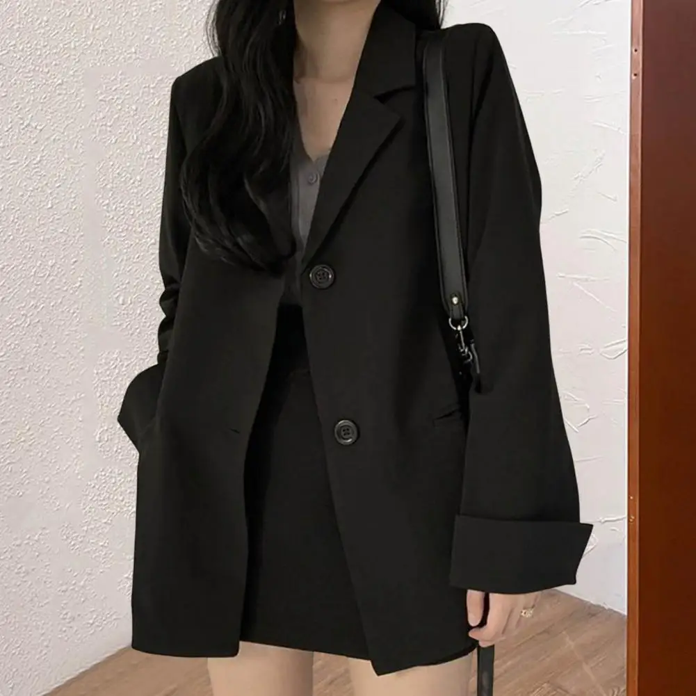 Solid Color  Classic Office Lady Commuting Pure Black Suit Jacket Regular Autumn Blazer Turn-Down Collar   Female Clothing