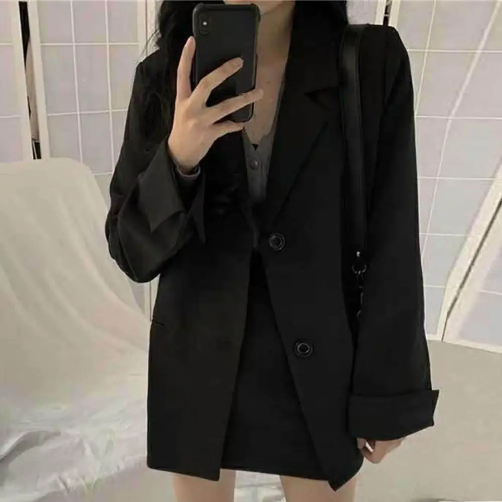 Solid Color  Classic Office Lady Commuting Pure Black Suit Jacket Regular Autumn Blazer Turn-Down Collar   Female Clothing
