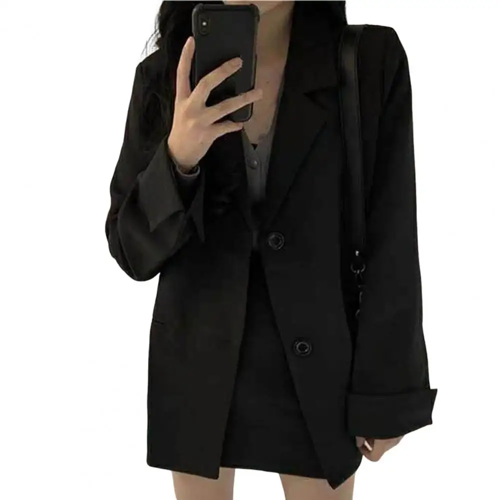 Solid Color  Classic Office Lady Commuting Pure Black Suit Jacket Regular Autumn Blazer Turn-Down Collar   Female Clothing