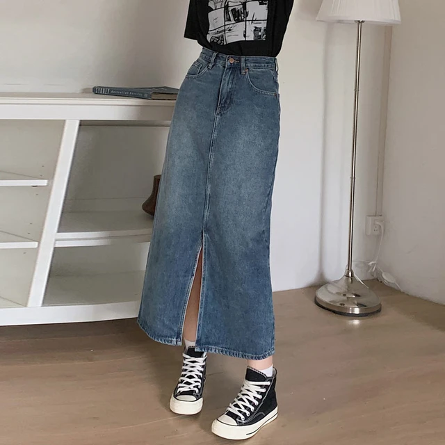 Women's Denim Wrap Skirts Retro High Waisted Split A-line Denim Skirt Autumn Fashion Straight Skirt Female