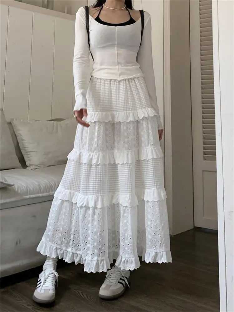 High quality White Cute Skirts for Women Summer High Waisted A-line Skirt Long Skirt Hook Flower
