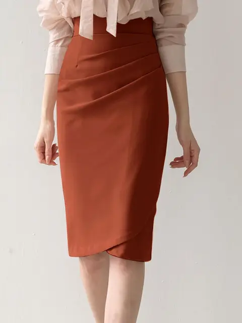 Elegant Women High Waist Skirts Formal Package Hip Draped Knee-length Skirt Korean Fashion Workplace Slit Hem Short Jupes