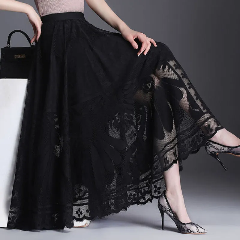 Lace Skirt Women's New A-word Long Skirt Big Swing Gauze Hollow Pleated SkirtProduct sellpoints