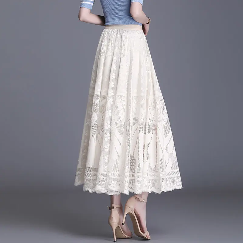 Lace Skirt Women's New A-word Long Skirt Big Swing Gauze Hollow Pleated SkirtProduct sellpoints