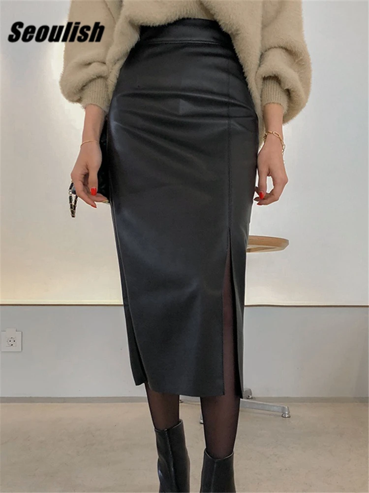 Seoulish Black PU Faxu Leather Women's Wrap Skirts  Autumn Winter High Waist Front Split Sheath Pencil Skirts Female