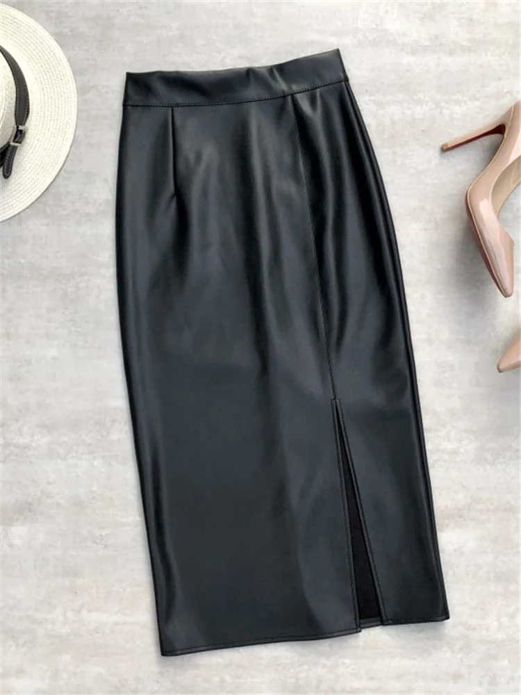 Seoulish Black PU Faxu Leather Women's Wrap Skirts  Autumn Winter High Waist Front Split Sheath Pencil Skirts Female