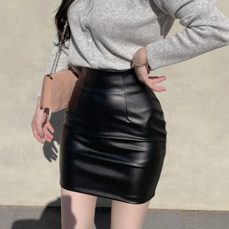 Black Mini Pu Leather Skirt Women Korean Fashion High-Waisted Elasticity Punk Style Bodycon Goth Sexy Skirts FemaleProduct sellp