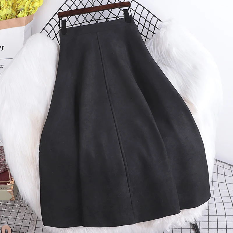 Faux Suede Midi Skirt for Women Flowy High Waist A-line Skirt in Tan Black Fall Winter Korean Fashion Outfit