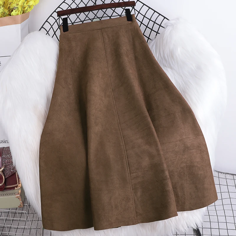 Faux Suede Midi Skirt for Women Flowy High Waist A-line Skirt in Tan Black Fall Winter Korean Fashion Outfit