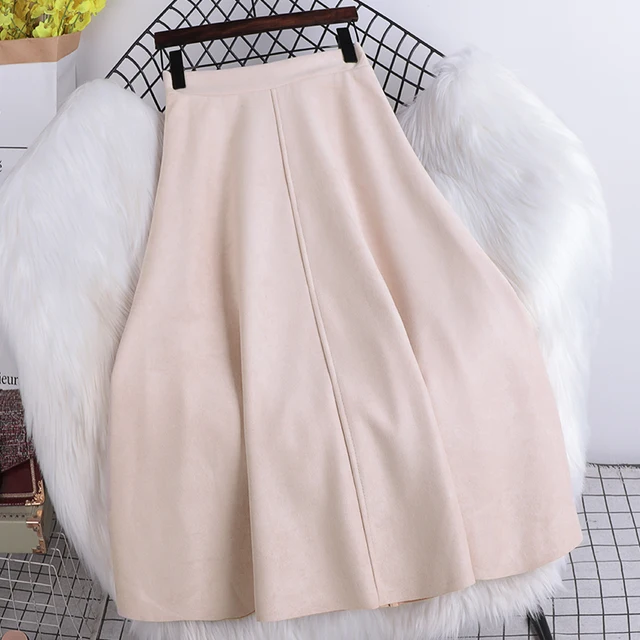 Faux Suede Midi Skirt for Women Flowy High Waist A-line Skirt in Tan Black Fall Winter Korean Fashion Outfit