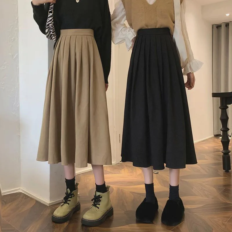 Korean Style Women's Midi Skirt  Autumn High-Waisted Corduroy Long Skirt Women College Style Pleated A-Line Skirts