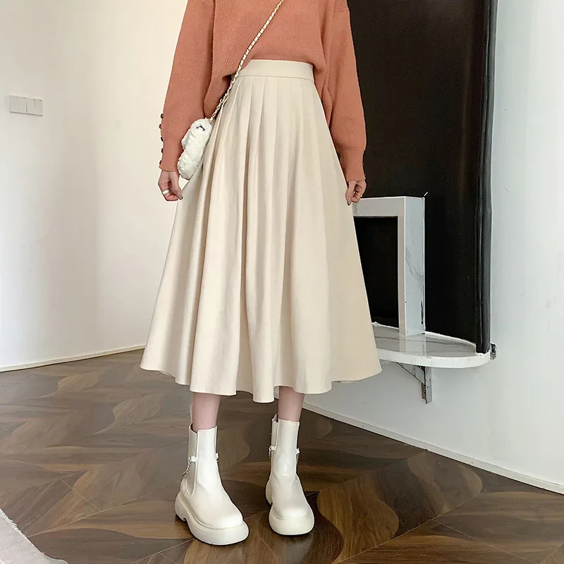 Korean Style Women's Midi Skirt  Autumn High-Waisted Corduroy Long Skirt Women College Style Pleated A-Line Skirts