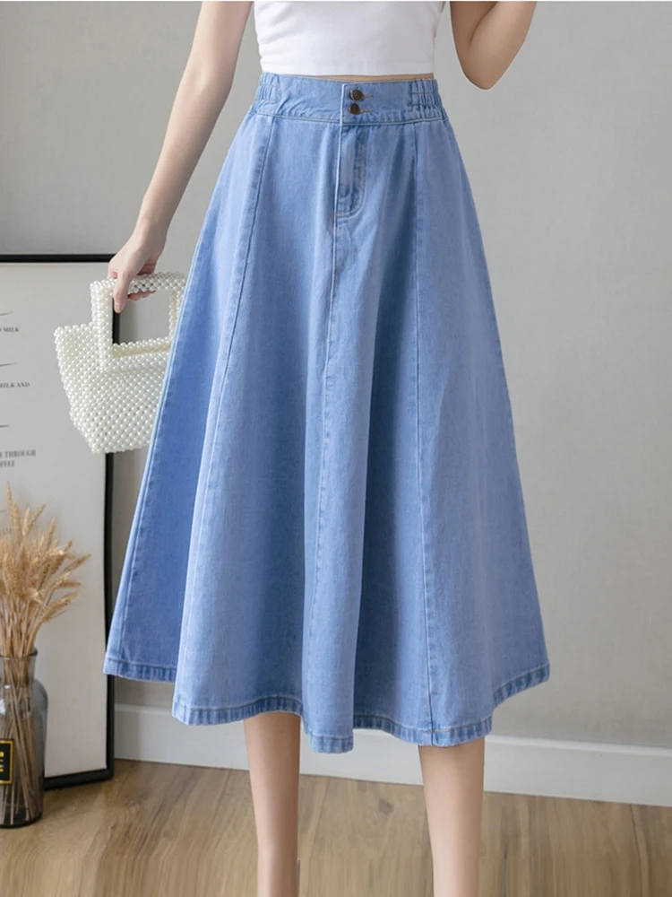 Women Long Denim Skirts Vintage Streetwear Elastic High Waist Jeans Skirt