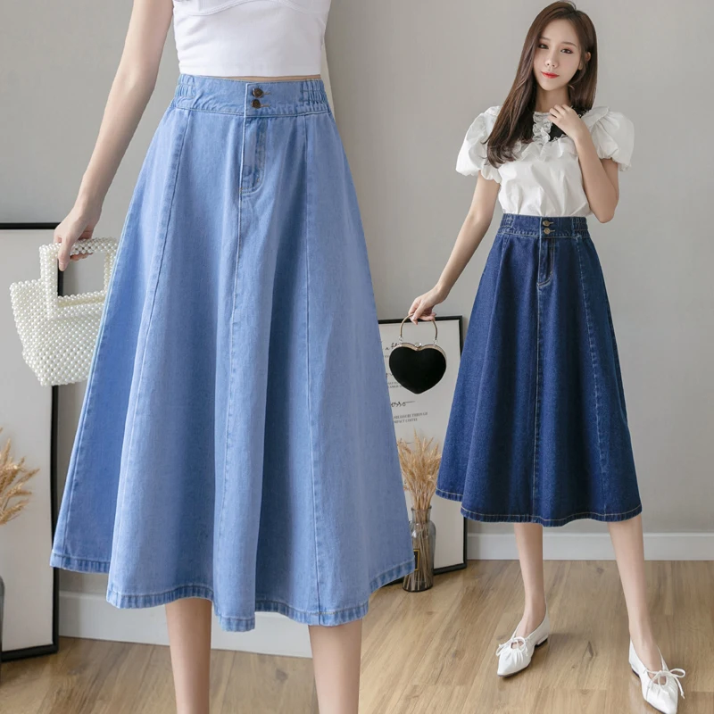 Women Long Denim Skirts Vintage Streetwear Elastic High Waist Jeans Skirt