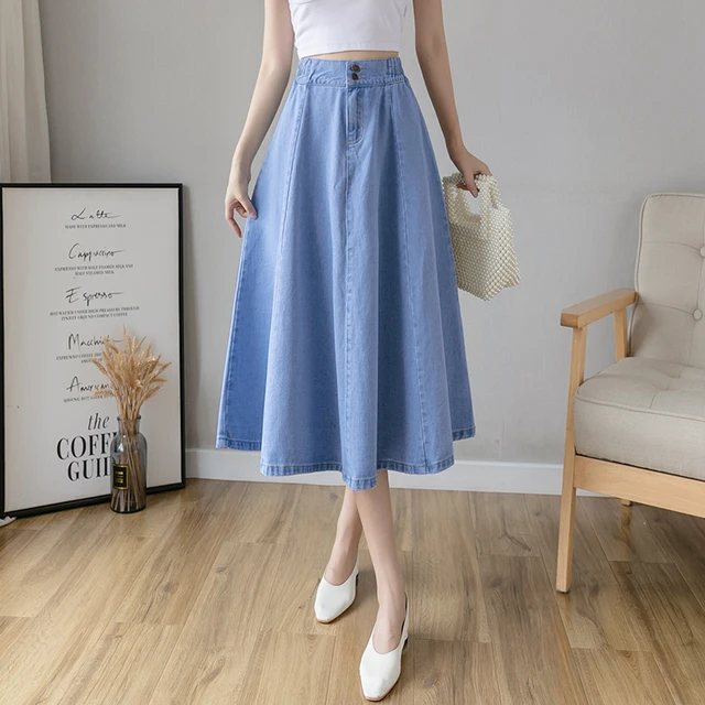 Women Long Denim Skirts Vintage Streetwear Elastic High Waist Jeans Skirt