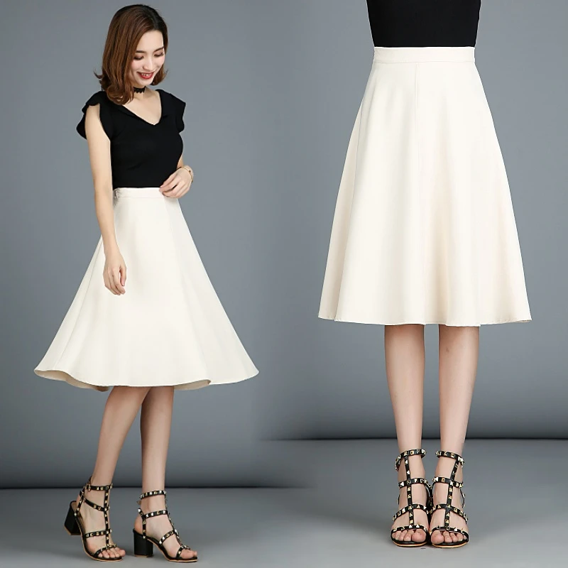 Women High Waist Elegant OL Solid Midi Skirts Slim A-Line Umbrella Skirt