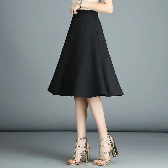 Women High Waist Elegant OL Solid Midi Skirts Slim A-Line Umbrella Skirt