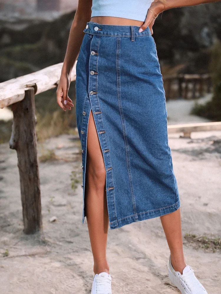 Women's Button A-line Side Split High Waist Denim Skirt Midi Jean Long Skirt