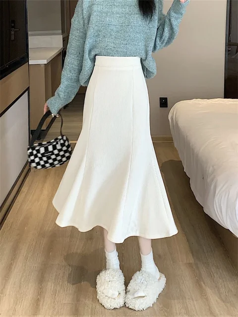 Women Corduroy Long Mermaid Skirt High Waist Ruffles Midi Skirts Fashion Elegant Elastic Black A-line Skirt