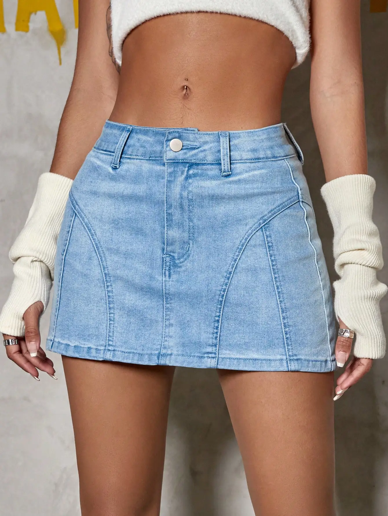 Women Carnival Holiday High Waist Solid Fake Pocket Skinny Mini A-Line Denim Skirt Streetwear