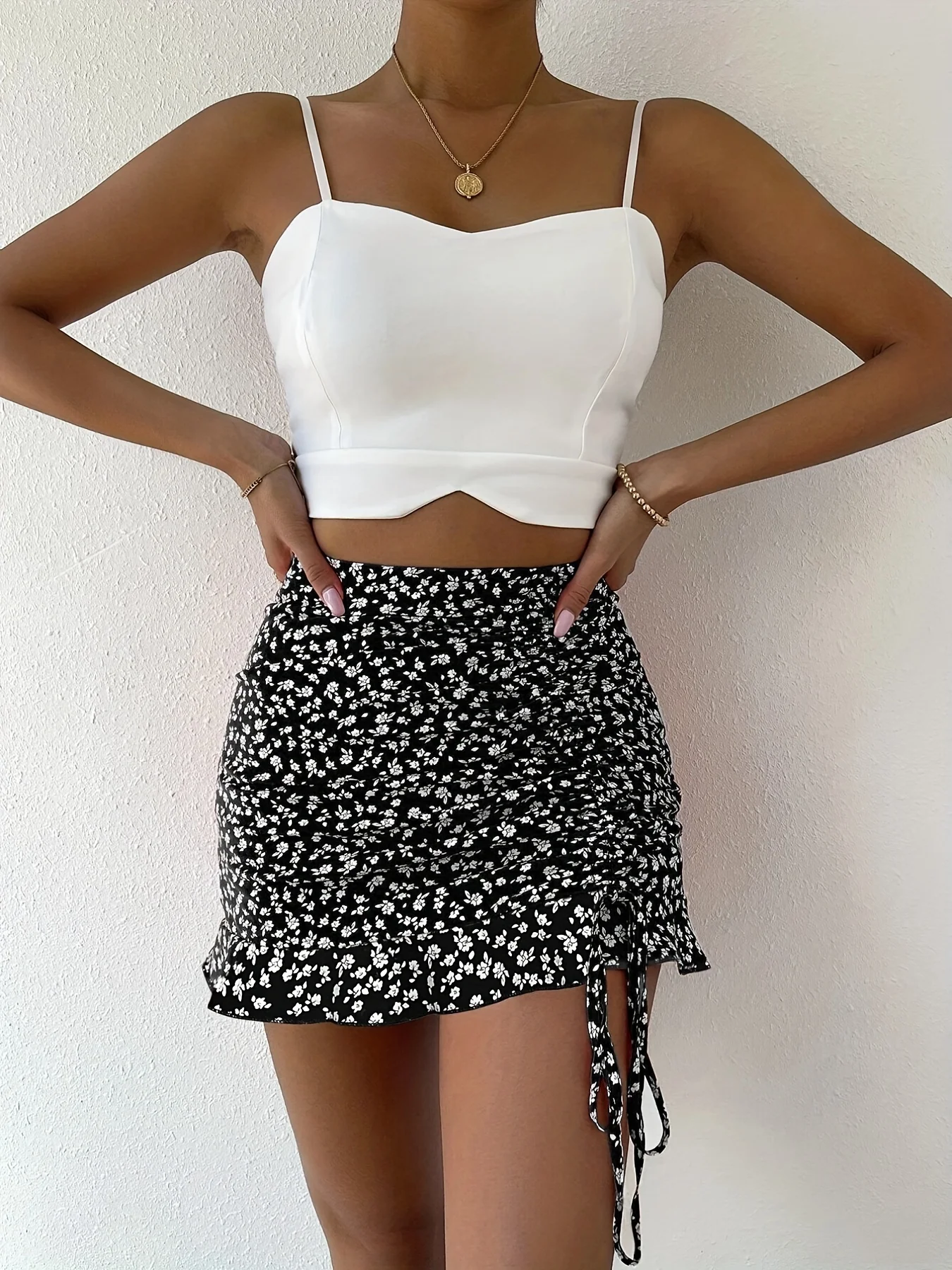 Women Mini Skirts Knot Ruched Mermaid High Waist Ditsy Floral Print