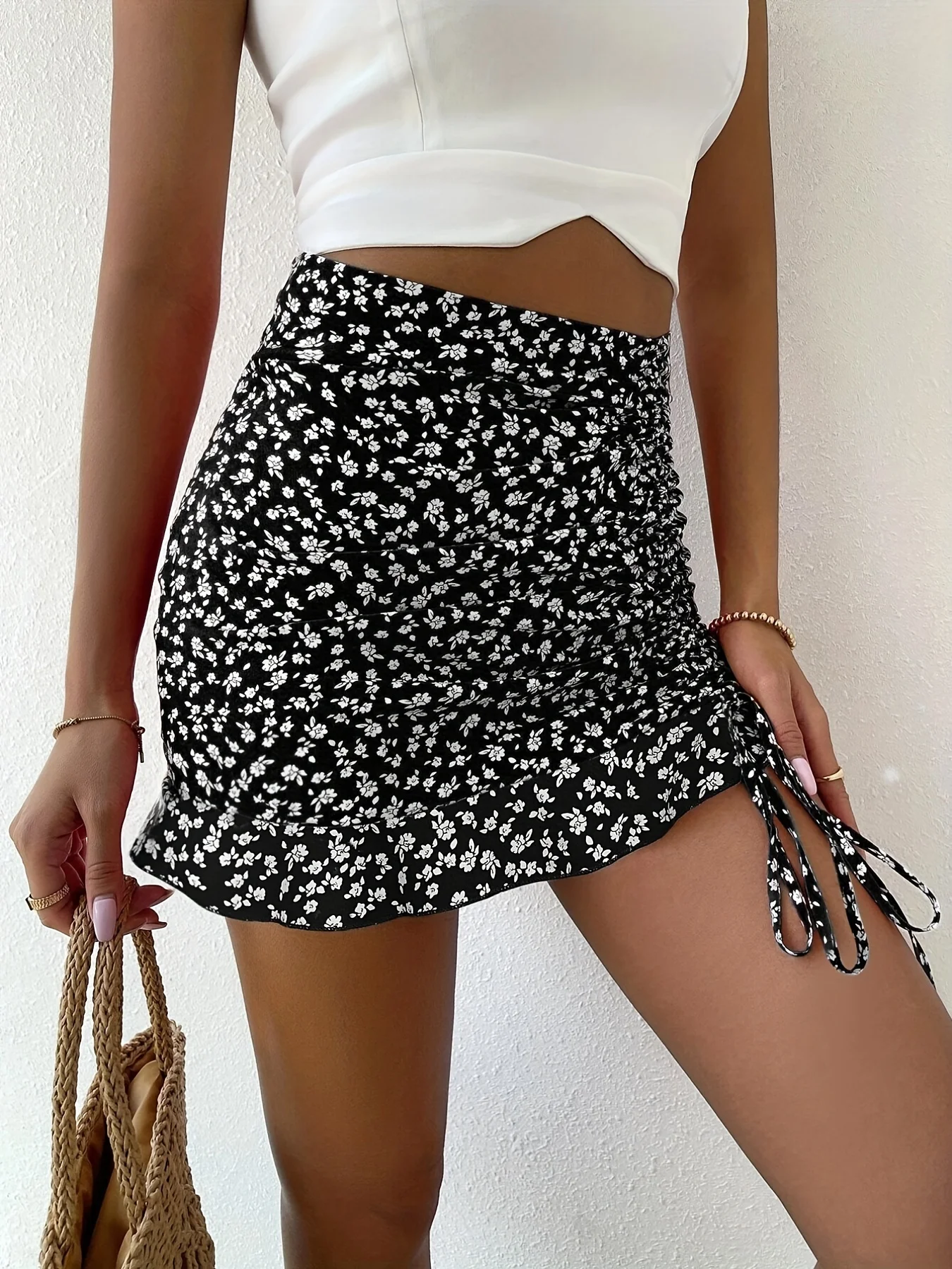 Women Mini Skirts Knot Ruched Mermaid High Waist Ditsy Floral Print