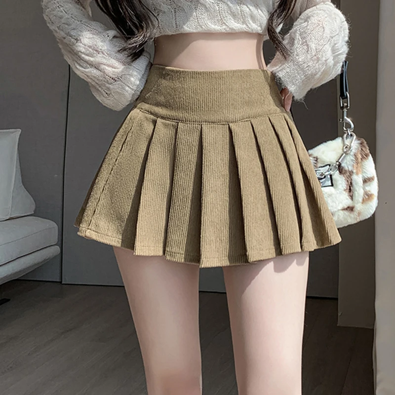 Women's Corduroy Pleated Skirt High Waist Casual Vintage School Short