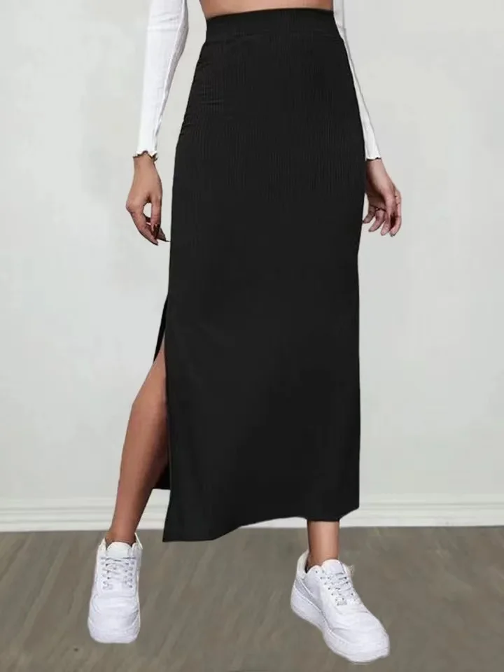 Women Long Skirts High Waist Bodycon Solid Split Streetwear Straight Midi Skirt