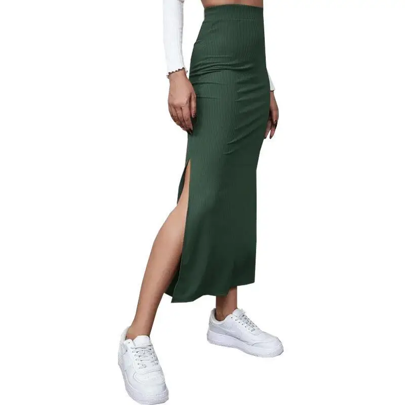 Women Long Skirts High Waist Bodycon Solid Split Streetwear Straight Midi Skirt