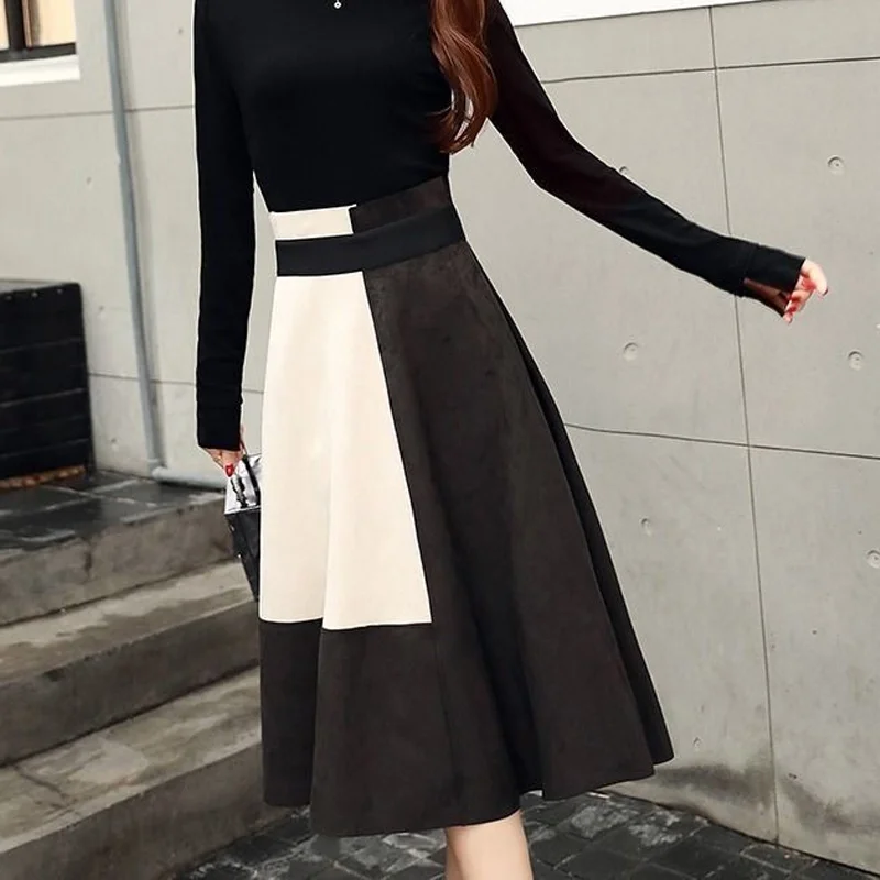 Women High Waist Contrast A-line Skirt All-match Zipper Loose Trend Skirts Vintage Elegant Temperament Clothes