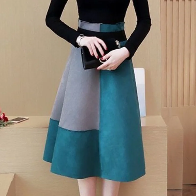 Women High Waist Contrast A-line Skirt All-match Zipper Loose Trend Skirts Vintage Elegant Temperament Clothes