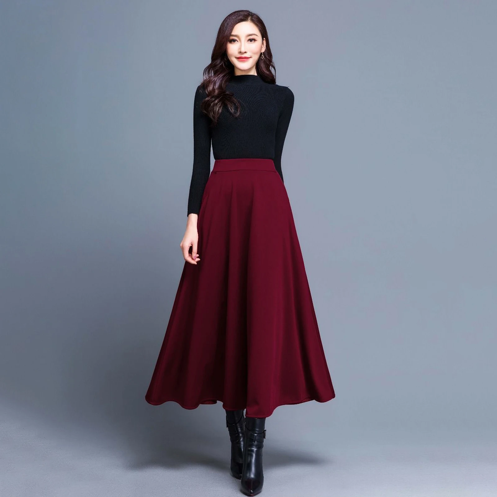 Women Elegant Skirt Side Pockets Large Hem A-Line Midi Skirt High Waist Long Skirt Temperament Skirt