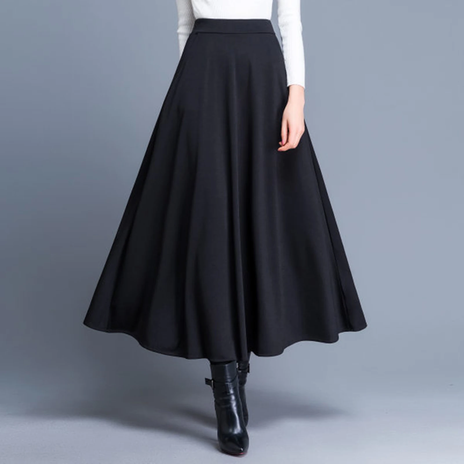Women Elegant Skirt Side Pockets Large Hem A-Line Midi Skirt High Waist Long Skirt Temperament Skirt