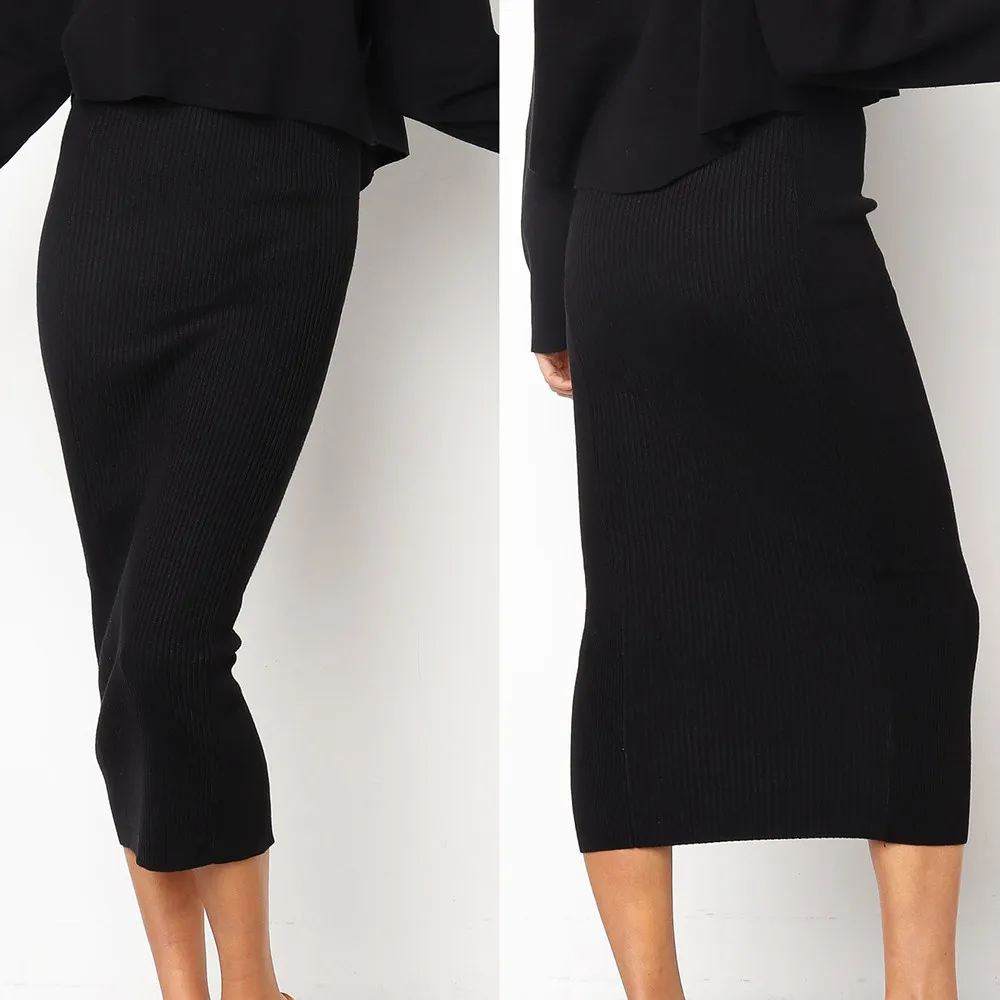 Women Long Knitted Bodycon Midi Slim Skirt Pencil Skirt