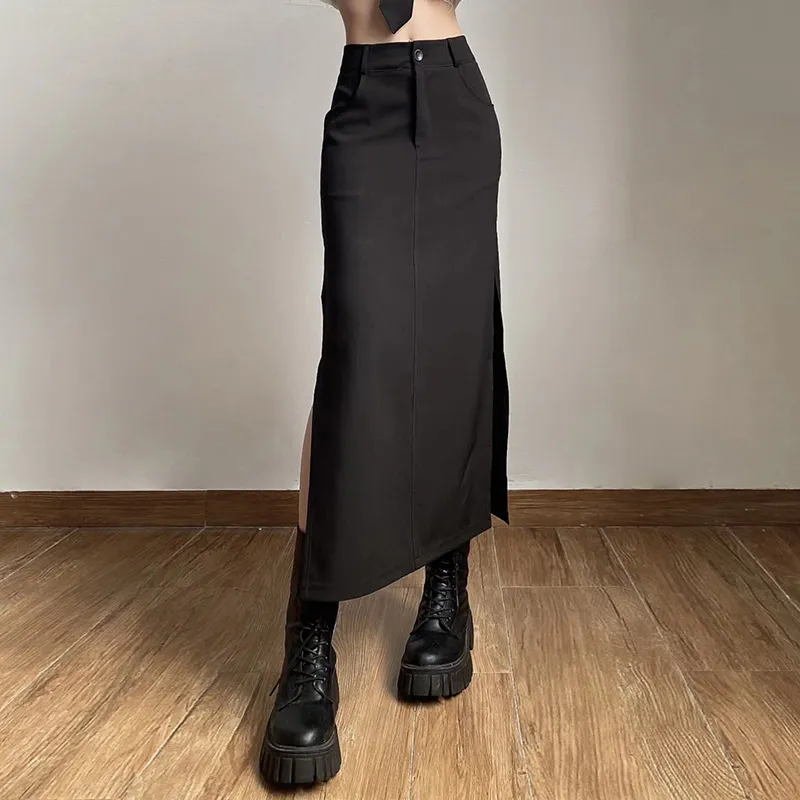 Women Midi Skirts Grunge High Waist Split Sexy Club Long Skirt Slim Party Streetwear