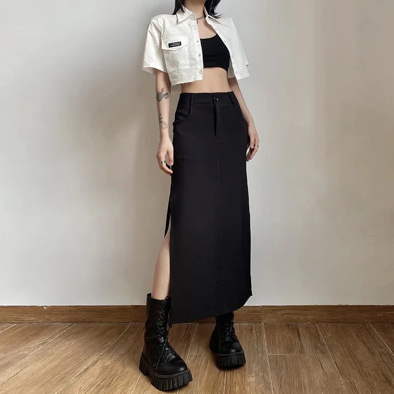Women Midi Skirts Grunge High Waist Split Sexy Club Long Skirt Slim Party Streetwear