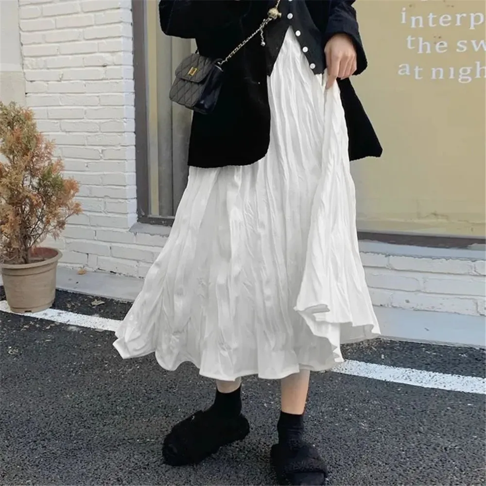 Women Elegant Irregular Wrinkled Long Skirt High Waist Wrinkled Pleated Skirt
